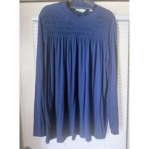 SUSAN GRAVER Cool Touch Mock-Neck top w/ Smocking Blue Blouse sz Xlarge